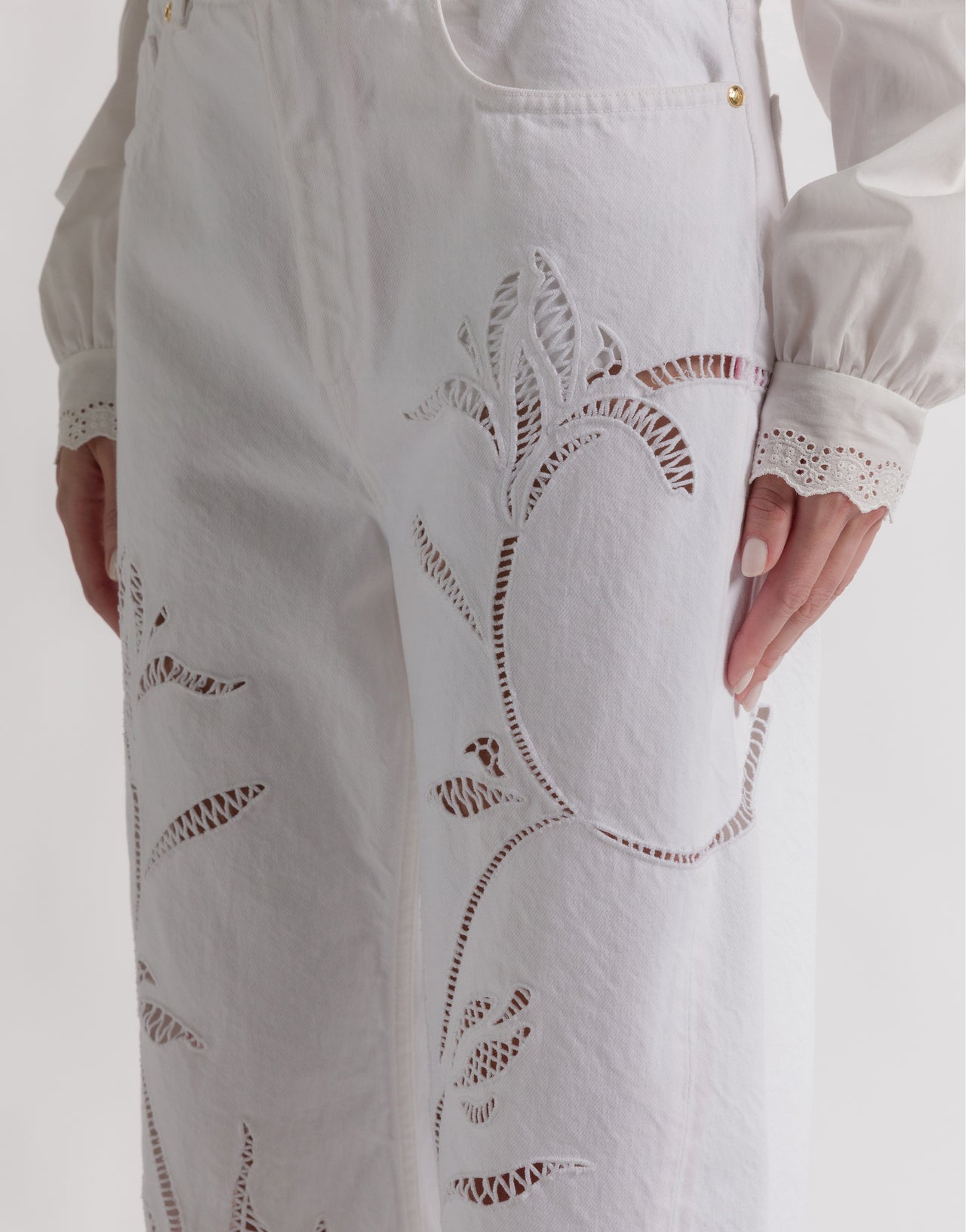 Denim trousers with floral embroidery White Alberta Ferretti Boutique Online 4