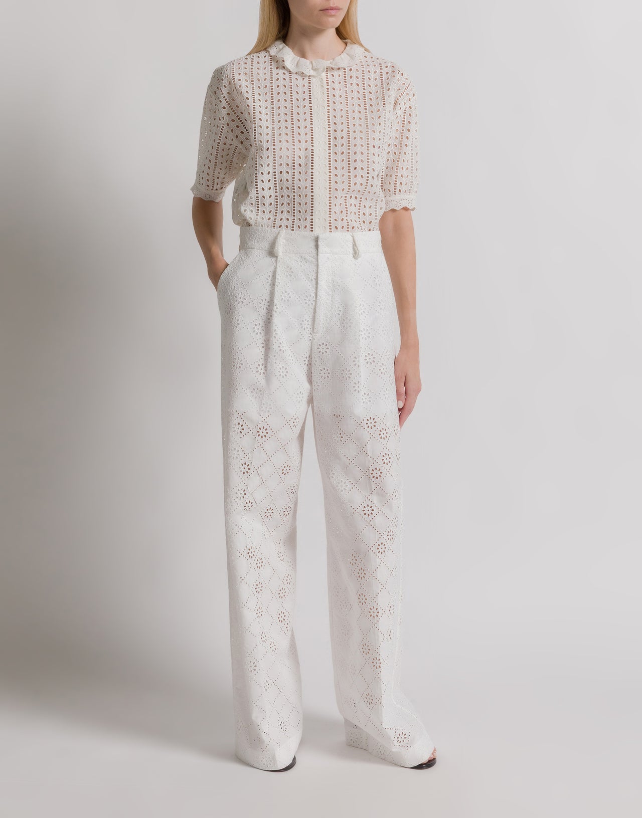 Pantaloni a gamba larga in pizzo Sangallo Bianco Alberta Ferretti Boutique Online 2
