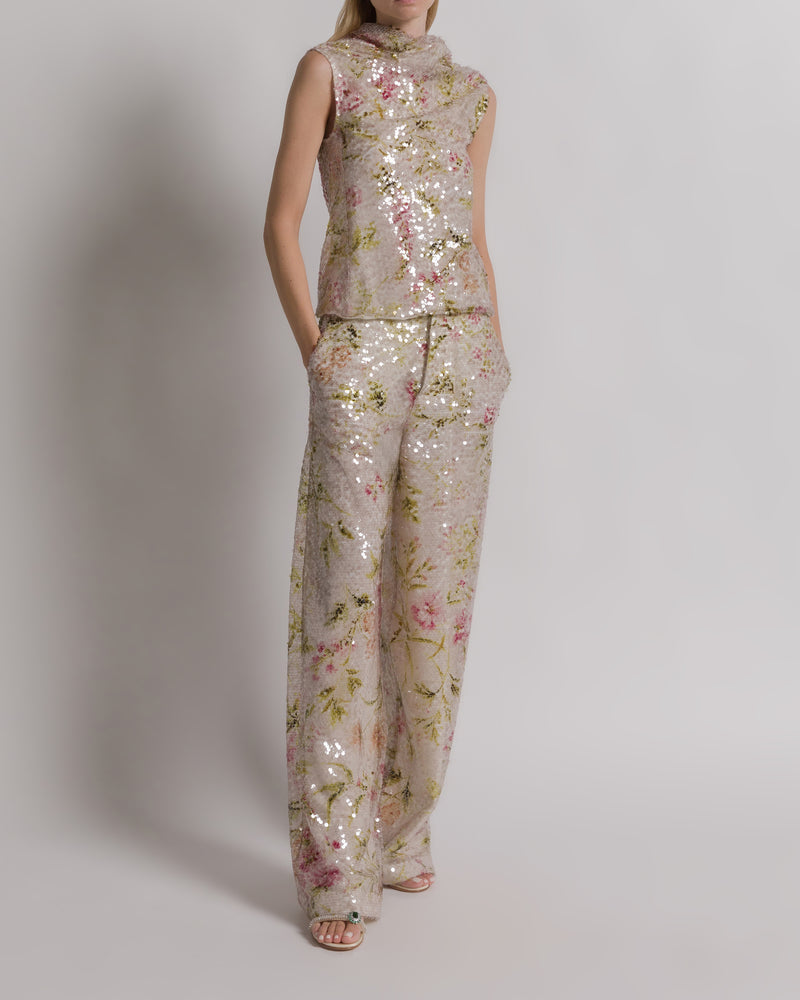 Sequined floral print trousers Ivory Alberta Ferretti Boutique Online 1