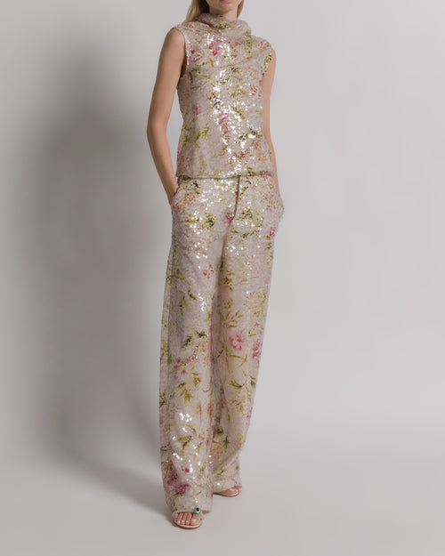 Sequined floral print trousers Ivory Alberta Ferretti Boutique Online 1