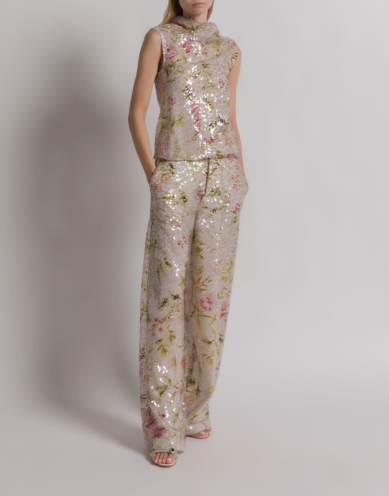 Sequined floral print trousers Ivory Alberta Ferretti Boutique Online 2