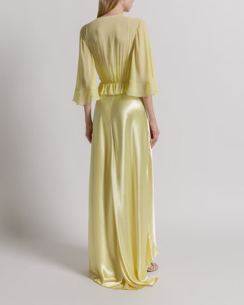 Shiny satin long dress with cape