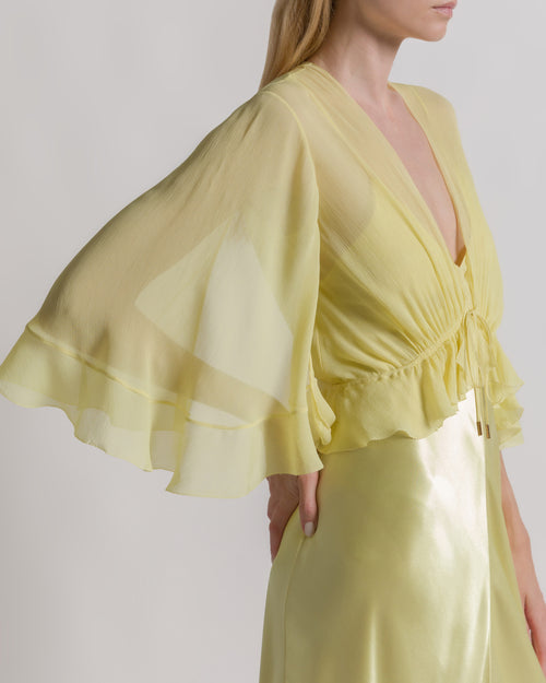 Shiny satin long dress with cape