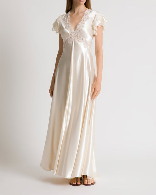 Satin dress with lace sleeves Ivory Alberta Ferretti Boutique Online 1