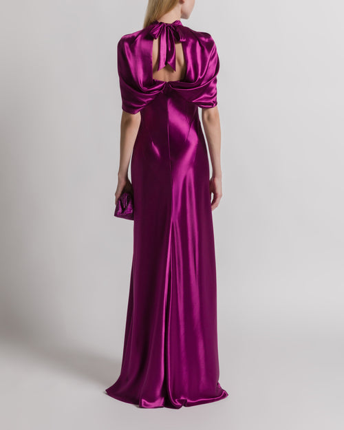 Satin evening dress with cape sleeves