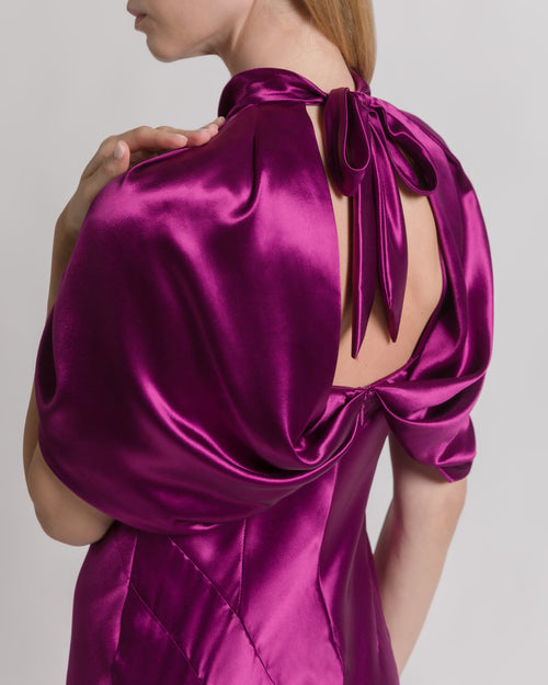 Satin evening dress with cape sleeves