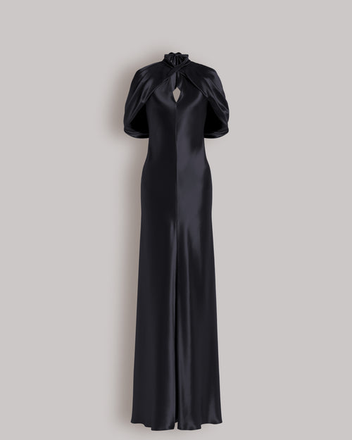 Satin evening dress with cape sleeves