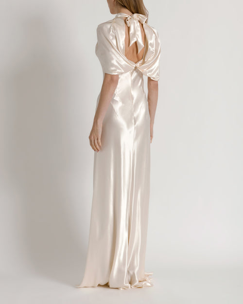 Satin evening dress with cape sleeves