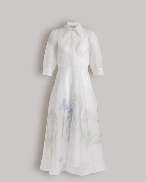 Abito camicia in organza di seta con stampa Iris Bianco Alberta Ferretti Boutique Online 0