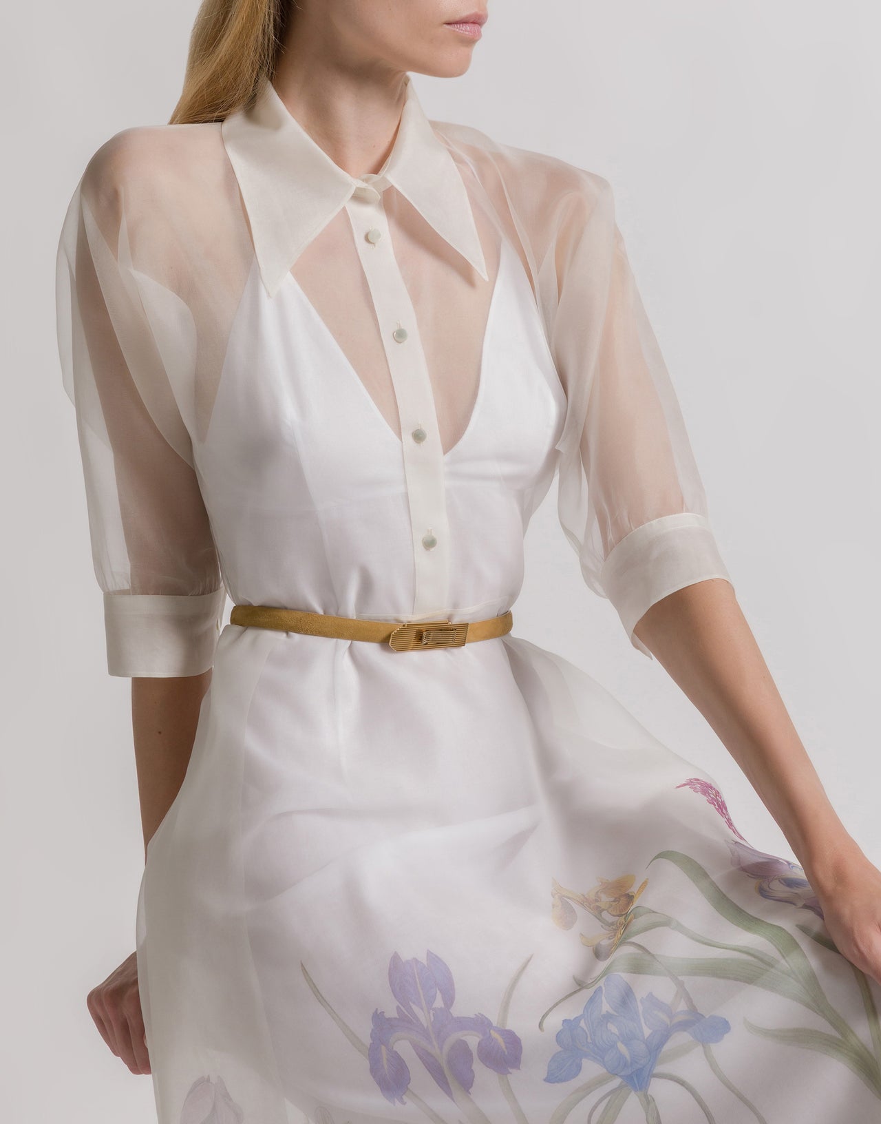 Silk organza shirt dress with Iris print | Alberta Ferretti Silk organza shirt dress with Iris print | Alberta Ferretti