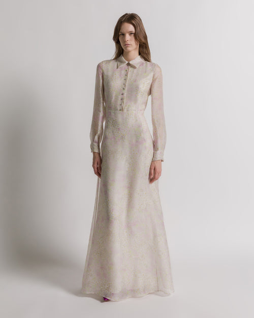 Silk organza shirt dress with floral print 象牙 Alberta Ferretti Boutique Online 0