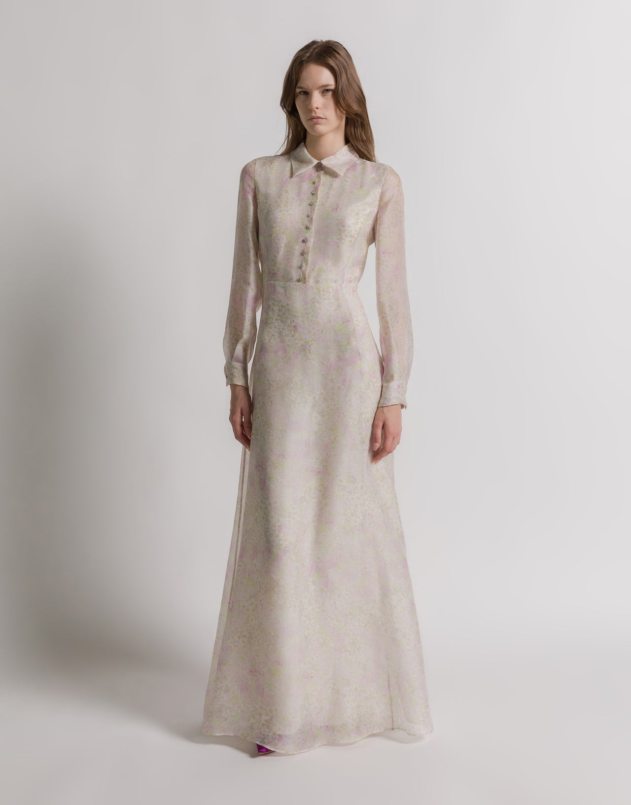 Silk organza shirt dress with floral print Ivory Alberta Ferretti Boutique Online 1