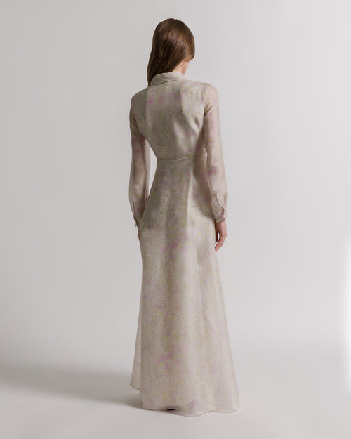 Silk organza shirt dress with floral print 象牙 Alberta Ferretti Boutique Online 1