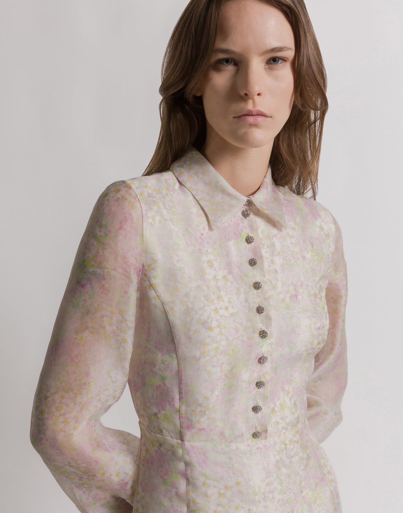 Silk organza shirt dress with floral print Ivory Alberta Ferretti Boutique Online 3