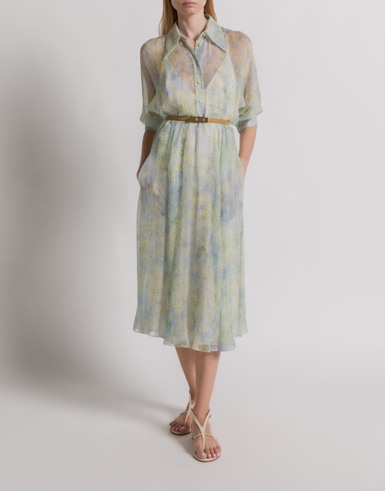 Chiffon shirt dress with floral print Light blue Alberta Ferretti Boutique Online 2