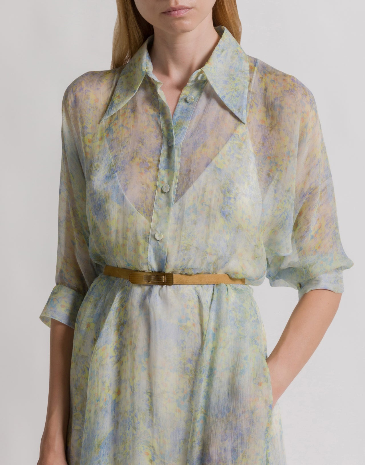 Chiffon shirt dress with floral print Light blue Alberta Ferretti Boutique Online 4