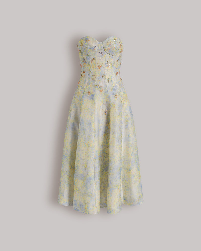 Silk organza bustier dress with floral print Light blue Alberta Ferretti Boutique Online 0