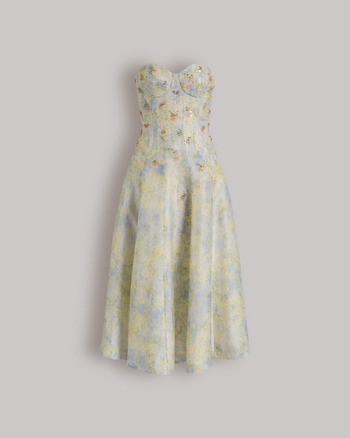 Silk organza bustier dress with floral print Light blue Alberta Ferretti Boutique Online 0