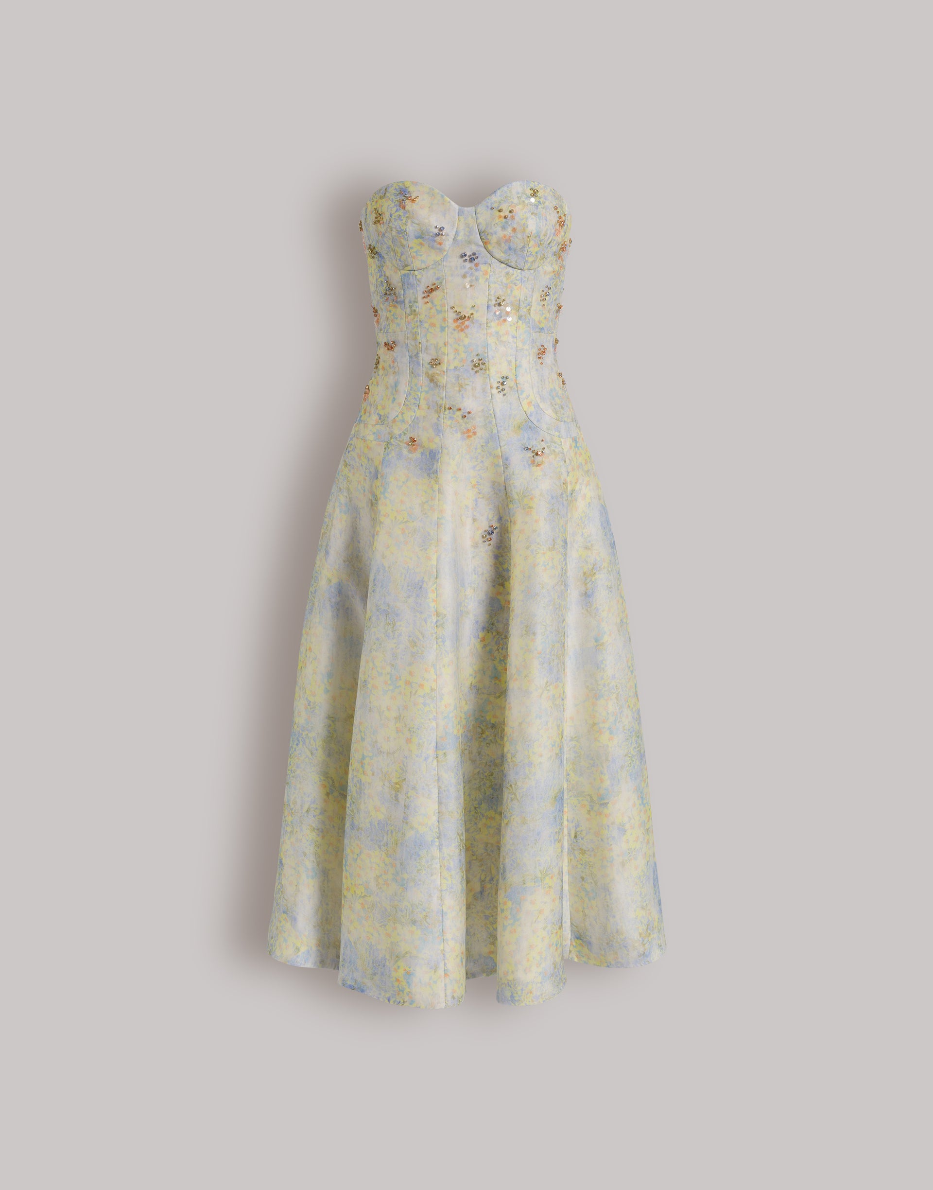bustier floral midi dress Silk organza bustier dress with floral print