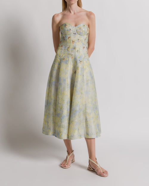 Silk organza bustier dress with floral print Light blue Alberta Ferretti Boutique Online 1