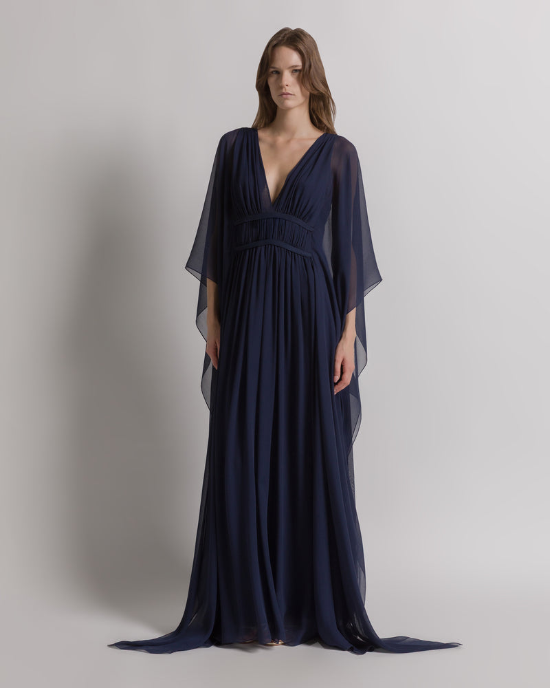 alberta ferretti blue dress Alberta Ferretti Sheer Silk Lapis Blue Ruffle Draped Maxi Dress Basha Gold