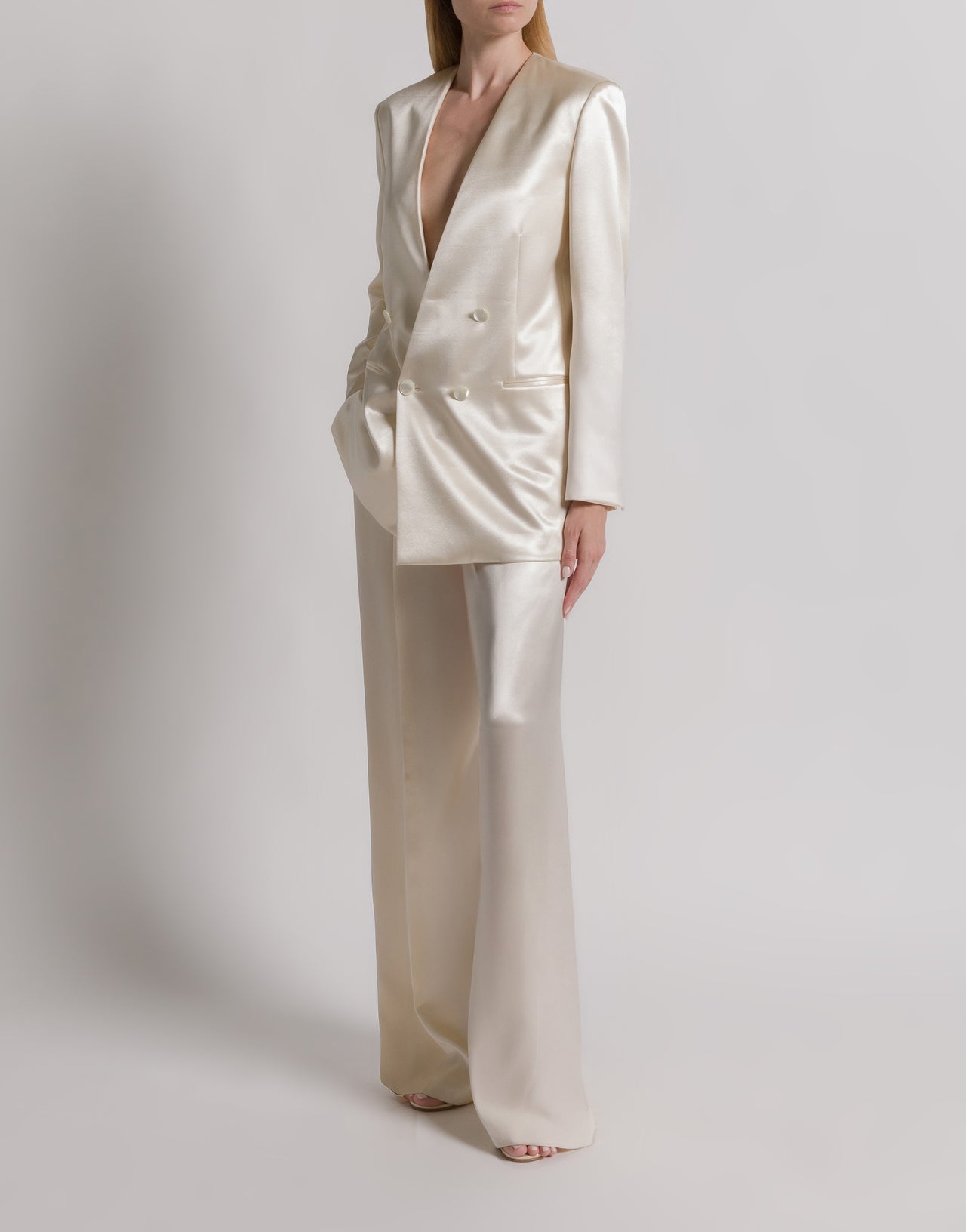 Shiny satin double-breasted jacket Ivory Alberta Ferretti Boutique Online 2