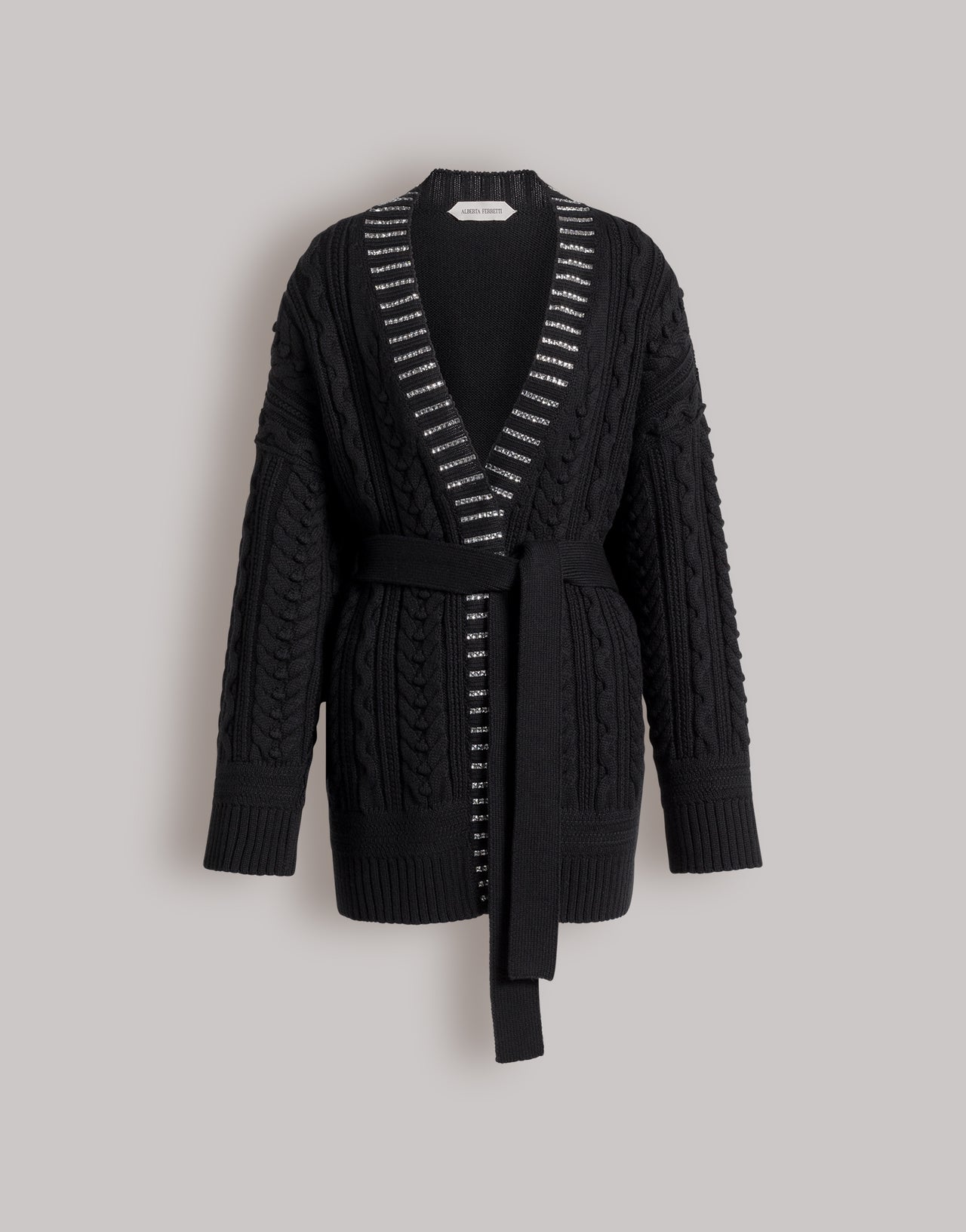 Aran knit cardigan with baguette crystal trim Black Alberta Ferretti Boutique Online 4