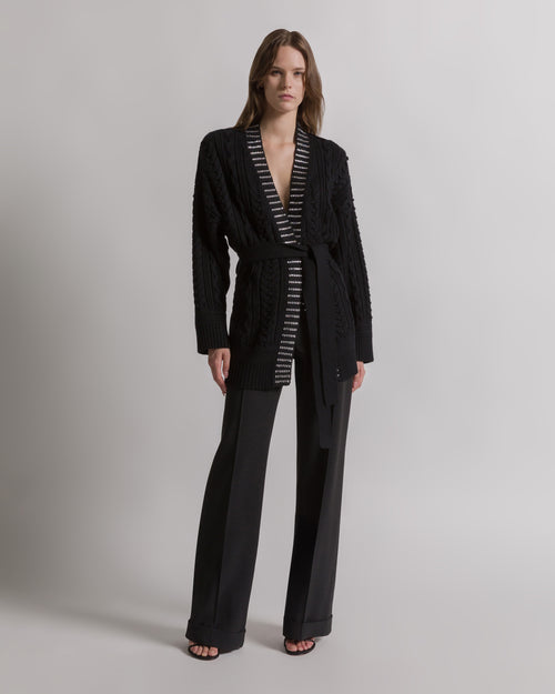 Aran knit cardigan with baguette crystal trim Black Alberta Ferretti Boutique Online 0