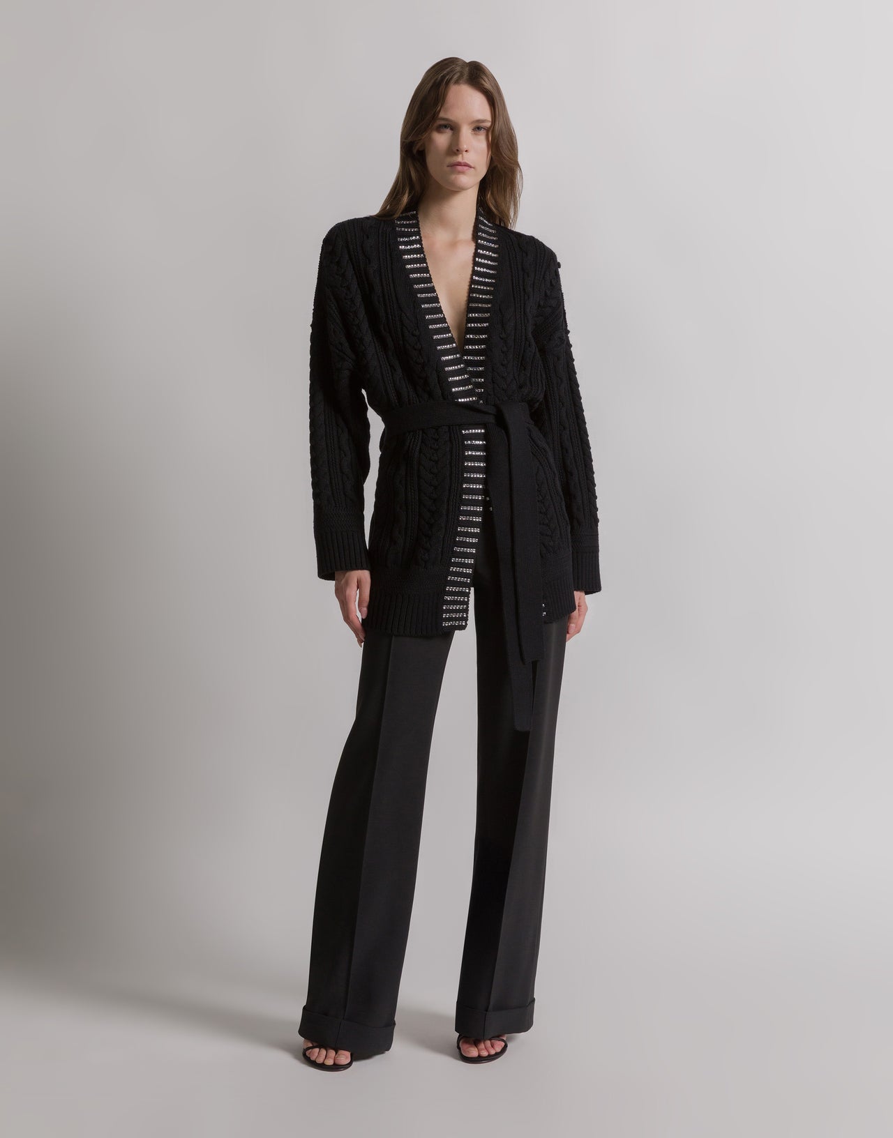 Aran knit cardigan with baguette crystal trim Black Alberta Ferretti Boutique Online 1