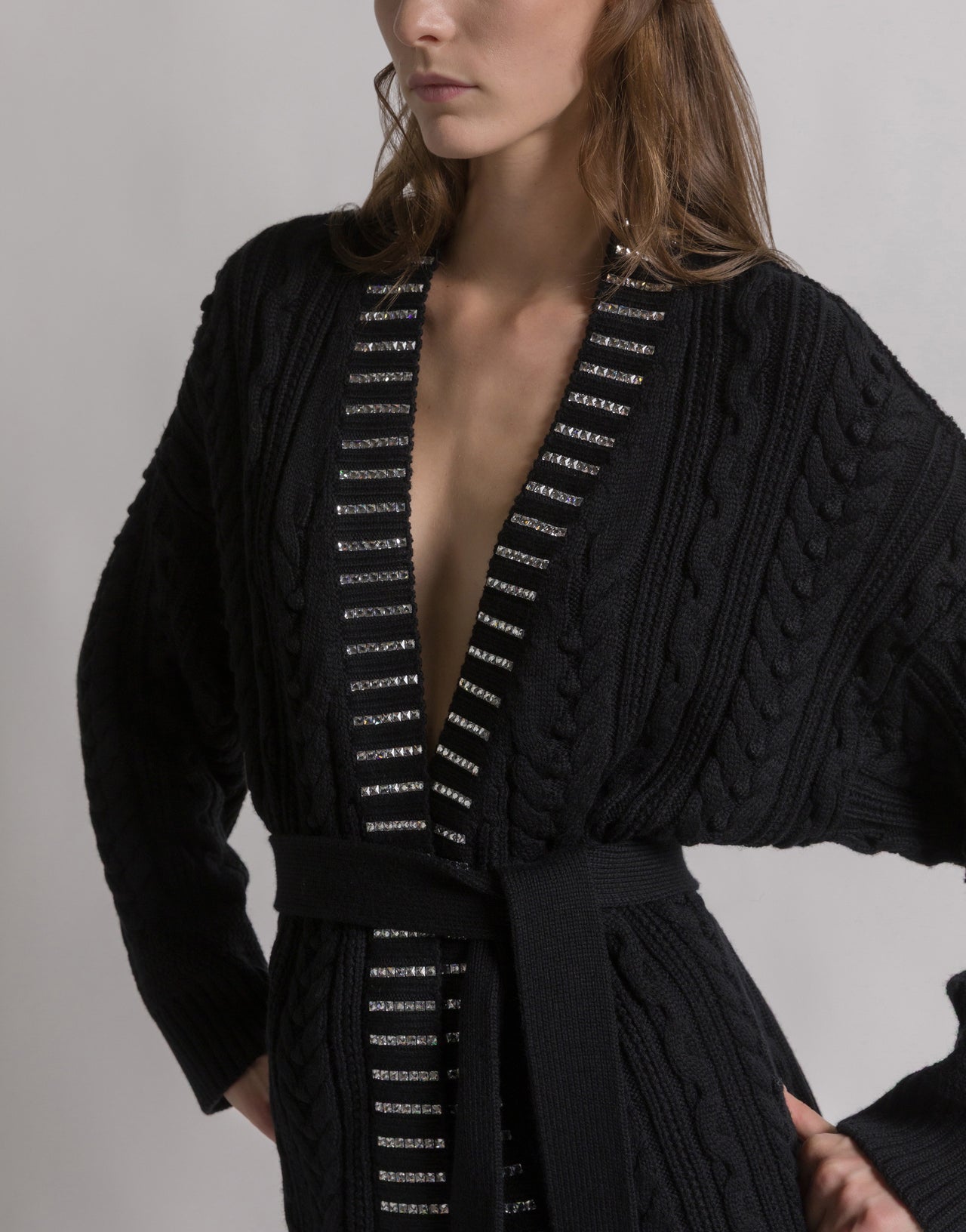 Aran knit cardigan with baguette crystal trim Black Alberta Ferretti Boutique Online 3