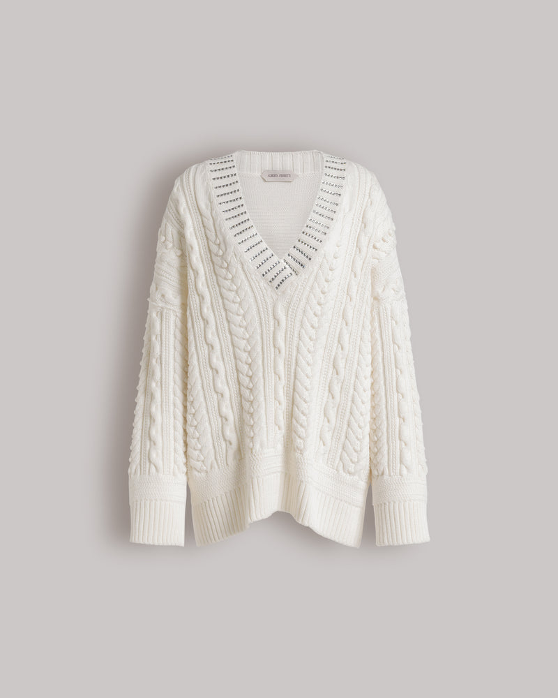 Aran knit jumper with sequin collar White Alberta Ferretti Boutique Online 0