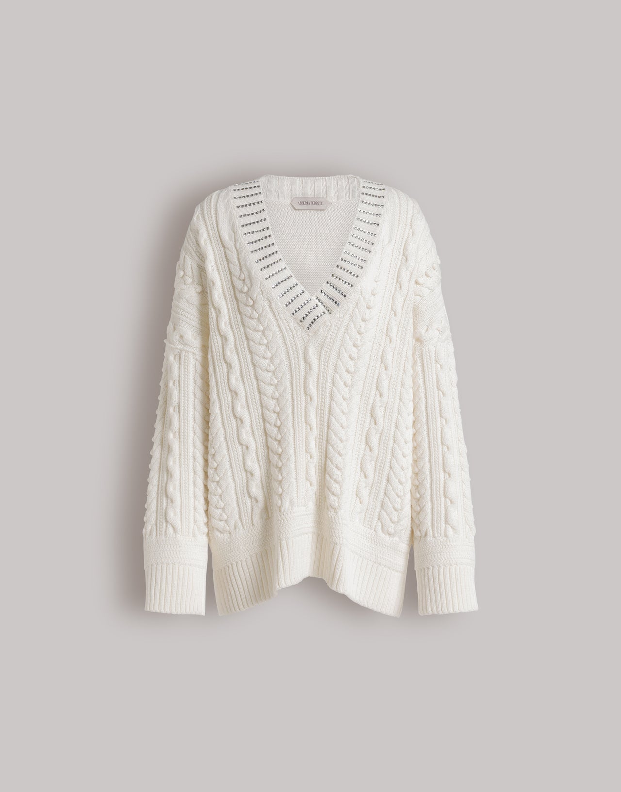 Pull en tricot d'Aran avec col à paillettes Blanc Alberta Ferretti Boutique Online 1