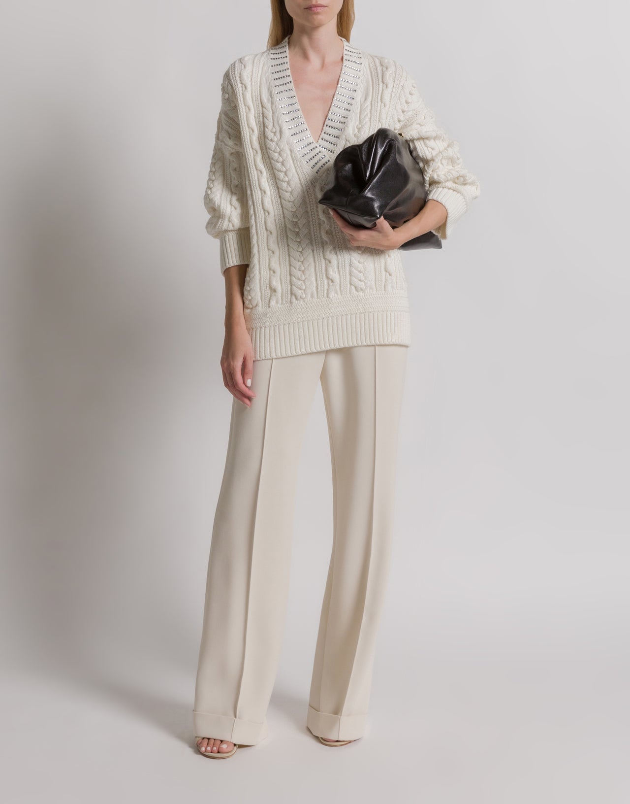 Pull en tricot d'Aran avec col à paillettes Blanc Alberta Ferretti Boutique Online 2