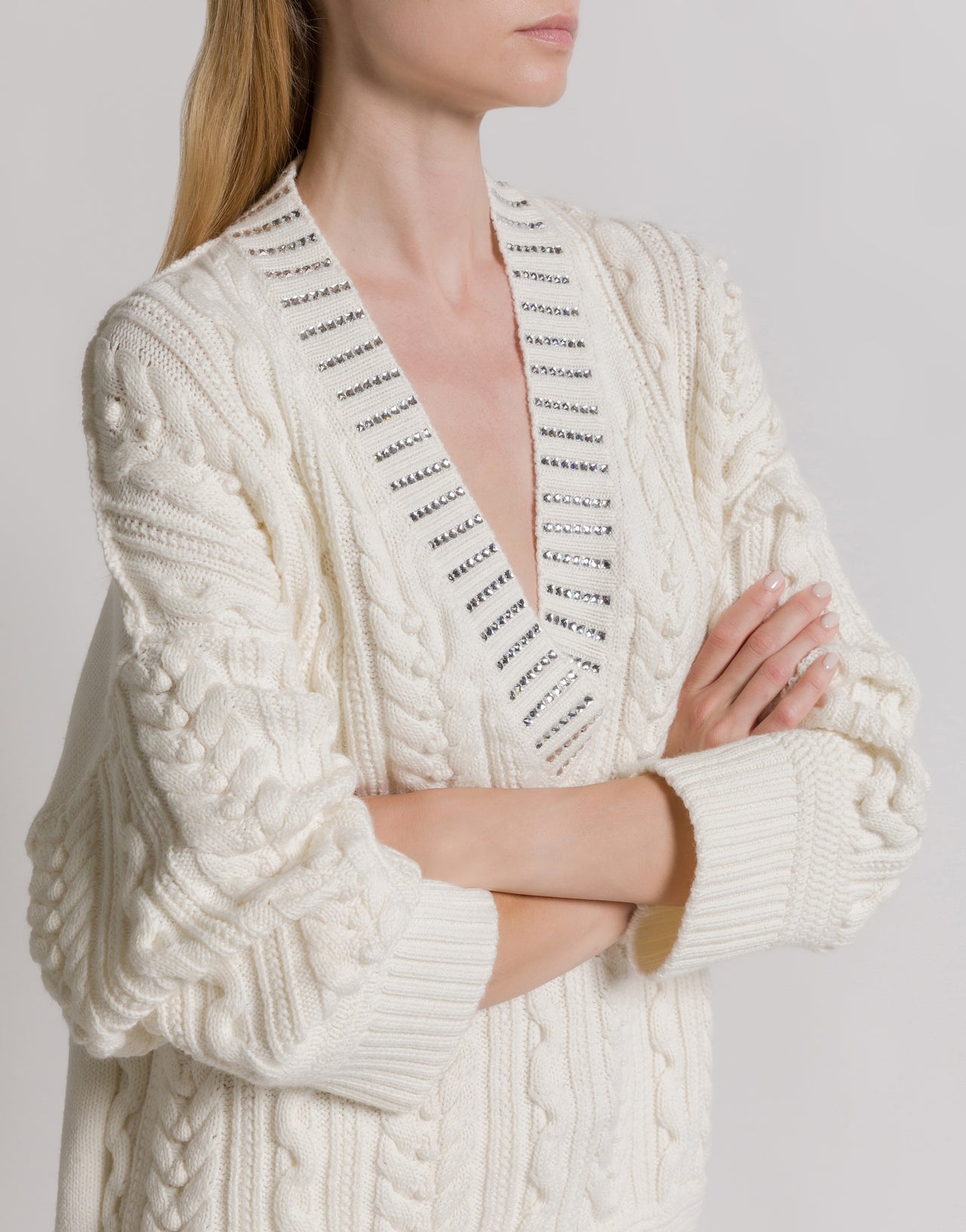 Pull en tricot d'Aran avec col à paillettes Blanc Alberta Ferretti Boutique Online 4