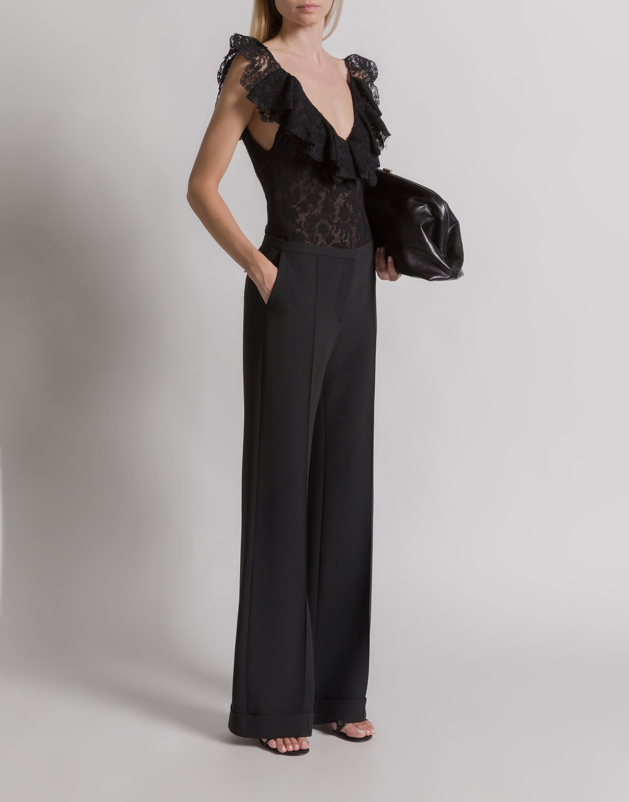 Wool lace bodysuit with frilled sleeves Black Alberta Ferretti Boutique Online 2