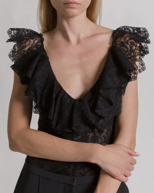 Wool lace bodysuit with frilled sleeves