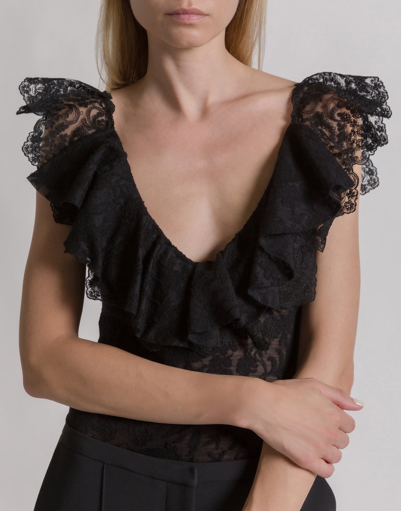 Wool lace bodysuit with frilled sleeves Black Alberta Ferretti Boutique Online 4