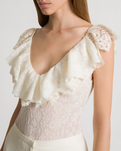 Wool lace bodysuit with frilled sleeves