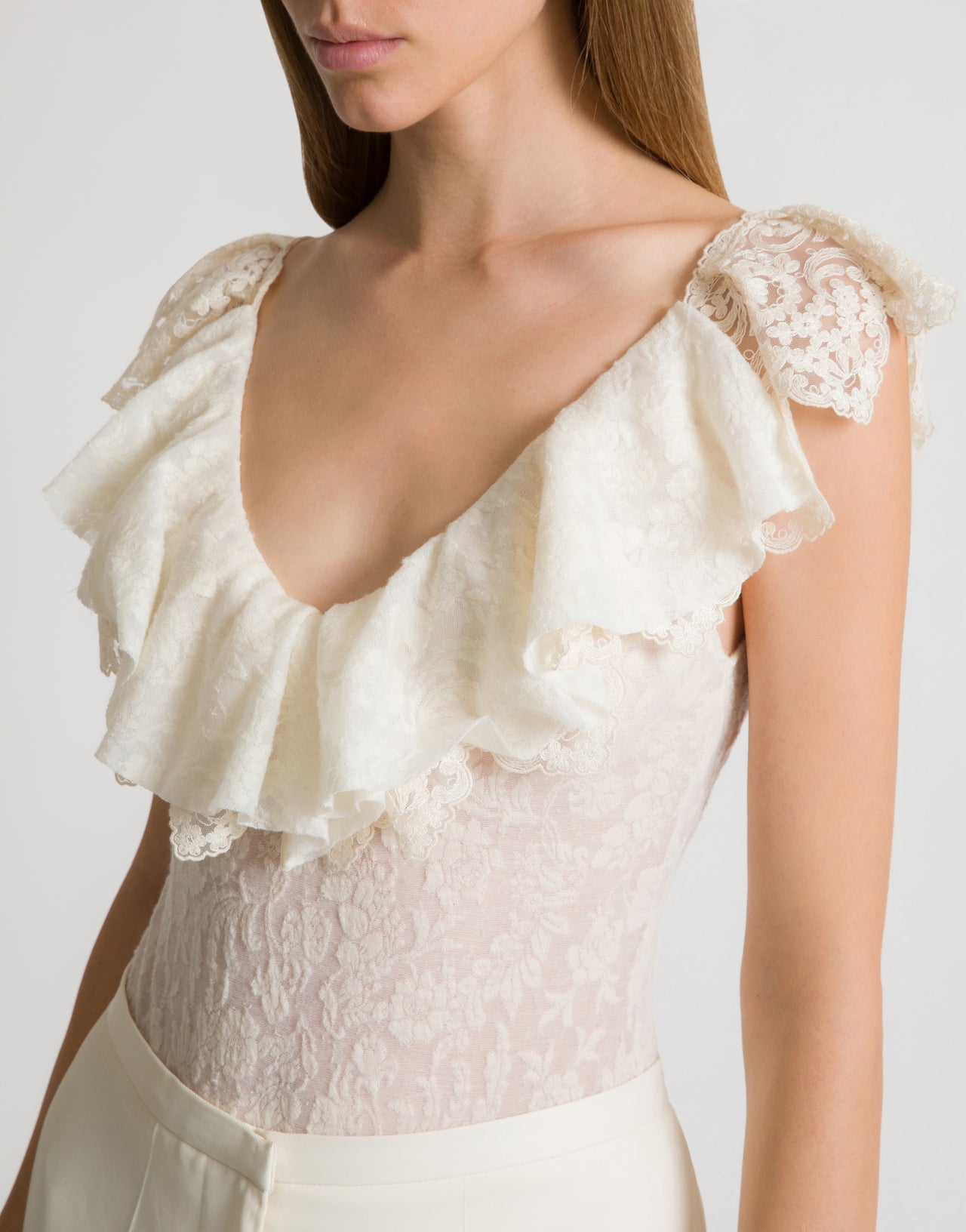 Wool lace bodysuit with frilled sleeves ホワイト Alberta Ferretti Boutique Online 4