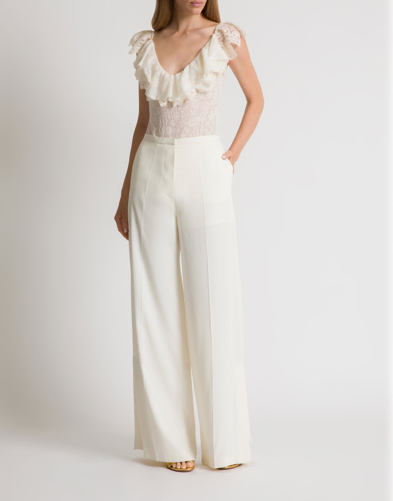 Wool lace bodysuit with frilled sleeves ホワイト Alberta Ferretti Boutique Online 2