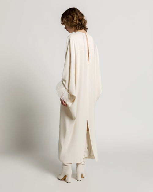 Long dress in Enver satin with feathers