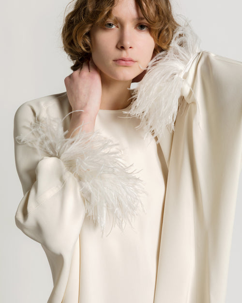 Long dress in Enver satin with feathers