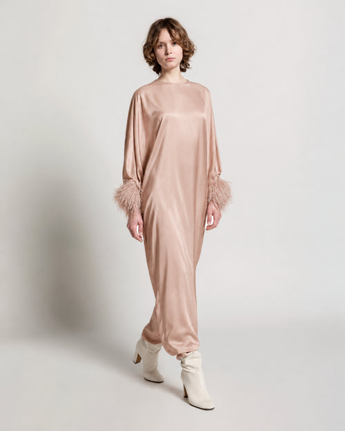 Long dress in Enver satin with feathers 粉红色 Alberta Ferretti Boutique Online 1