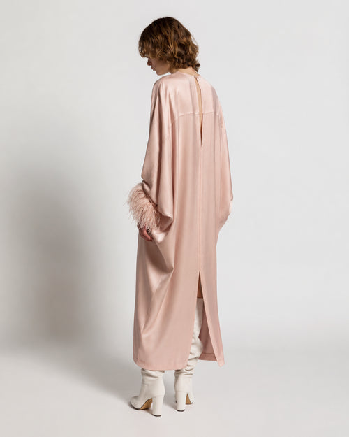 Long dress in Enver satin with feathers
