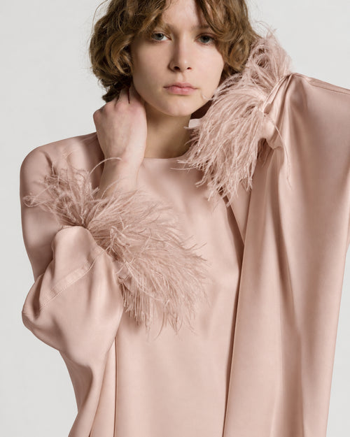 Long dress in Enver satin with feathers