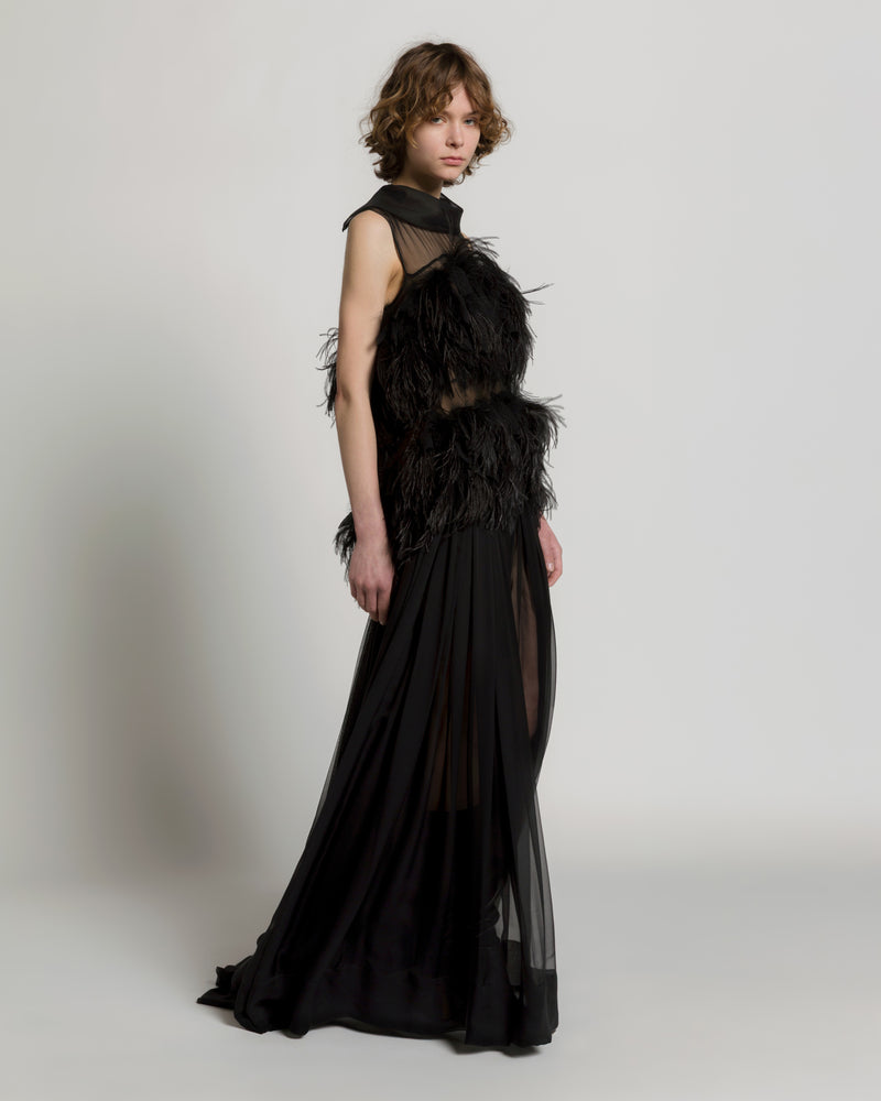 Langes Abendkleid aus Seidenchiffon mit Federn Schwarz Alberta Ferretti Boutique Online 1