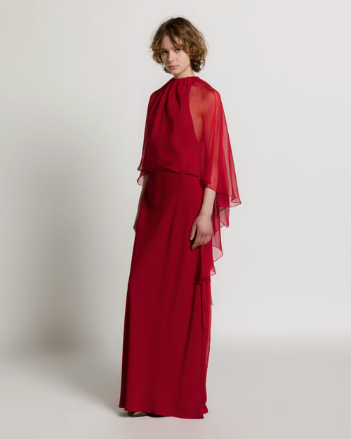 Enver Satin Gown with Chiffon Cape Red Alberta Ferretti Boutique Online 1