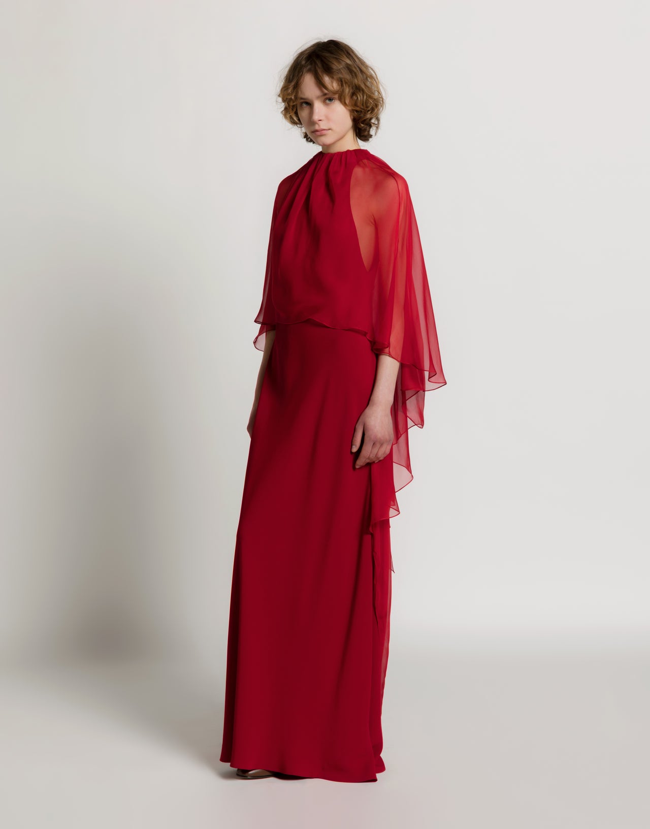 Enver Satin Gown with Chiffon Cape Red Alberta Ferretti Boutique Online 2
