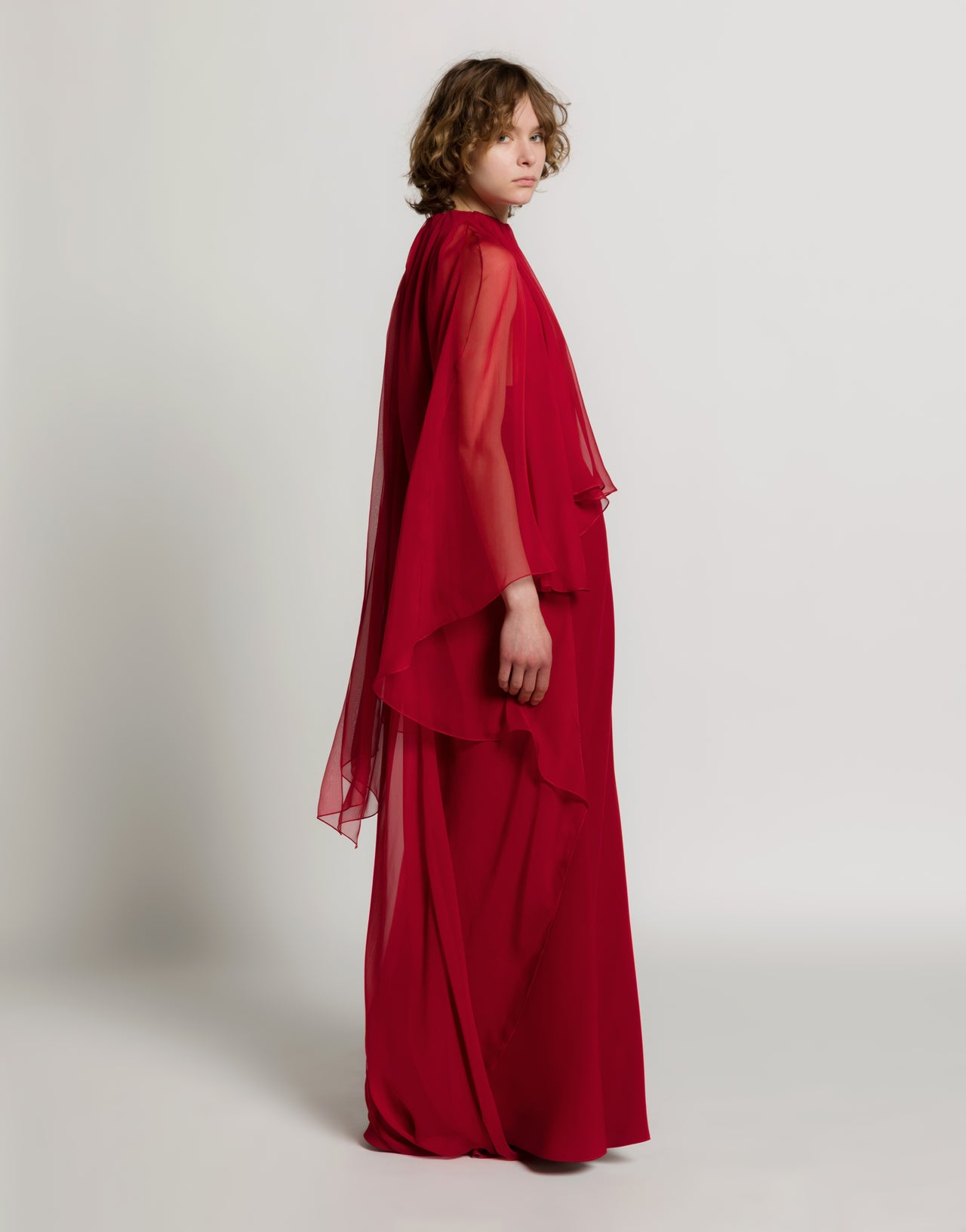 Enver Satin Gown with Chiffon Cape Red Alberta Ferretti Boutique Online 3