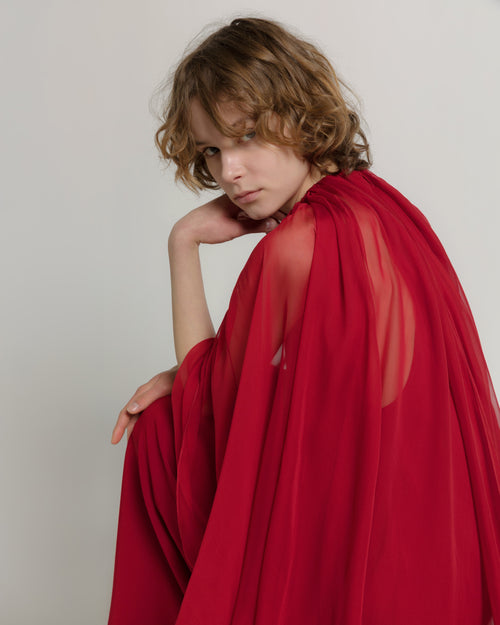 Enver Satin Gown with Chiffon Cape